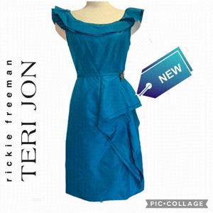 NWT Rickie Freeman For Teri Jon blue ruffle frill neck silk dress Sz 12 NWT
